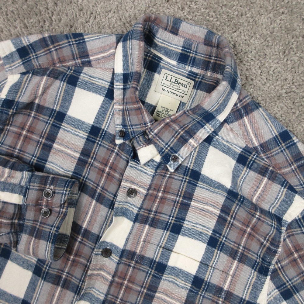 LL Bean Shirt Mens Medium Gray Blue Plaid Twill Flannel Outdoor Tartan Button Up
